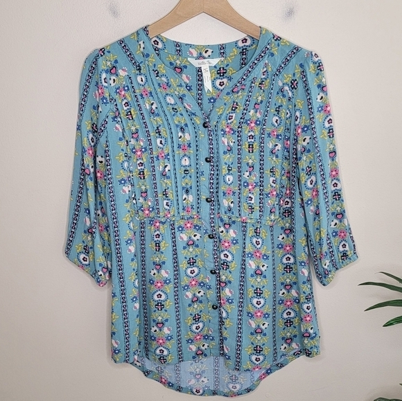 Matilda Jane | Muse Turquoise Floral 3/4 Sleeve Button Front Top Size Small - Picture 1 of 6